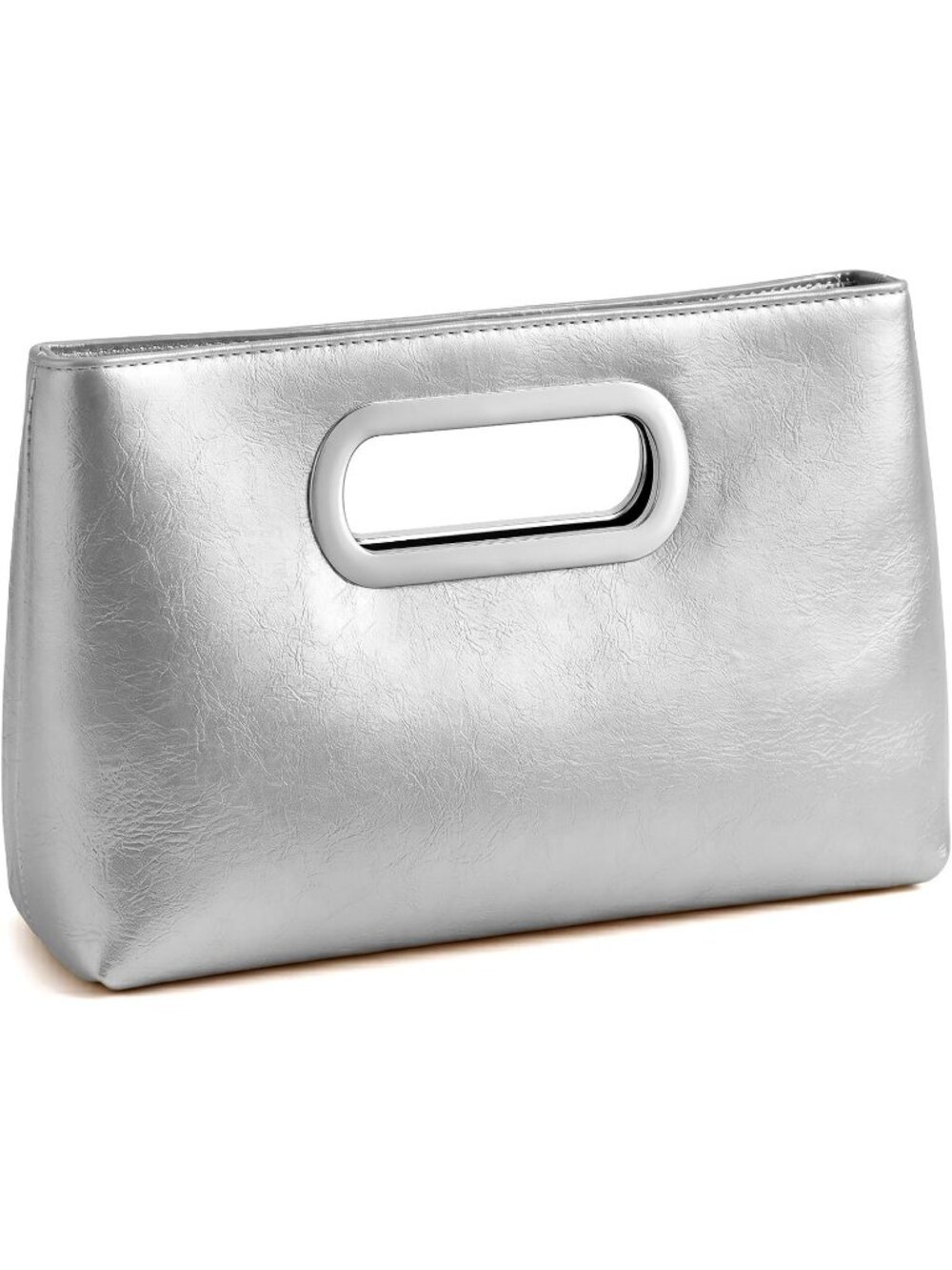 Women's Silver Clutch Handbag Modern Faux Leather with Metal Handle Evening Bag